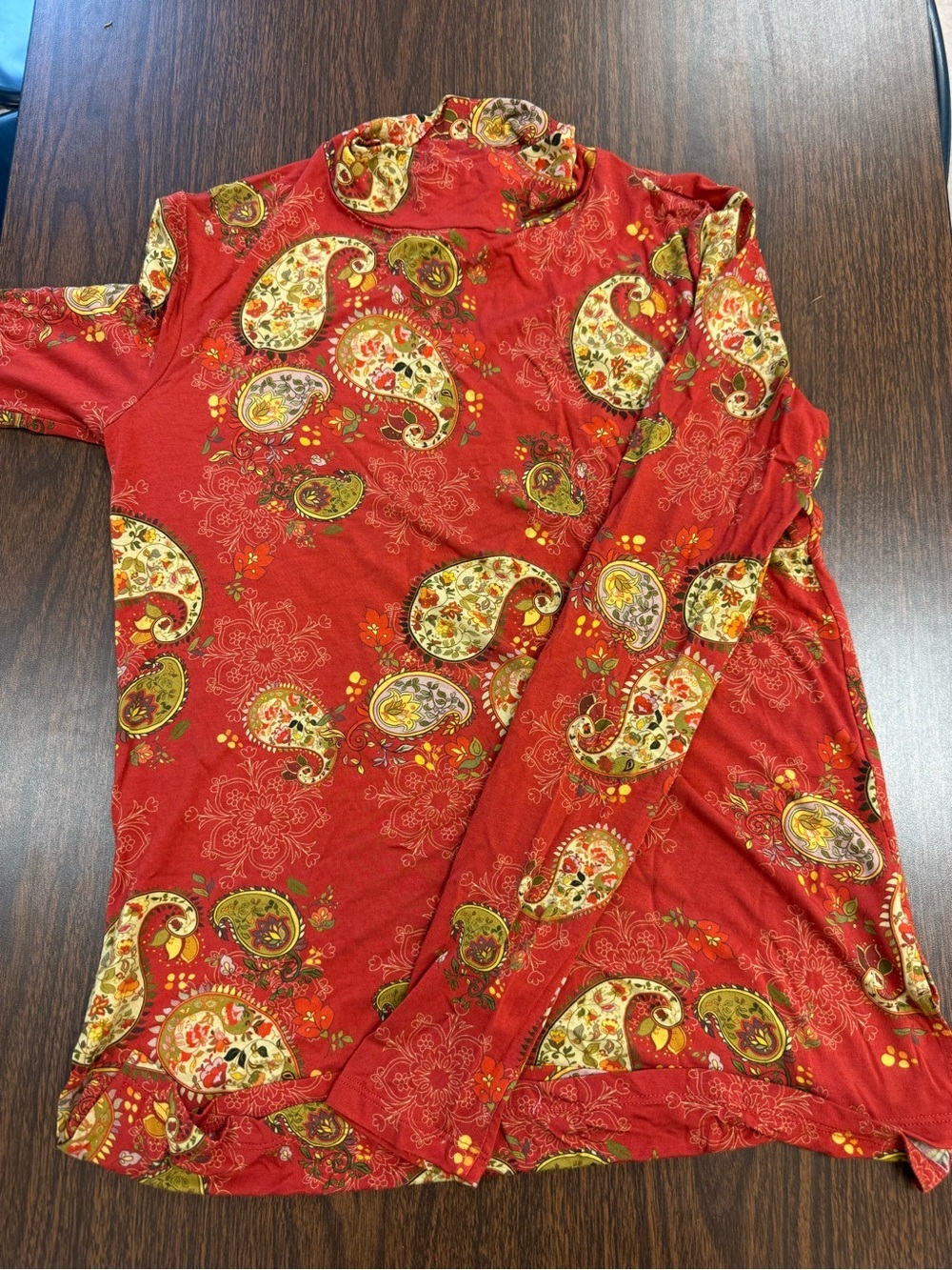 Johnny Was Red Paisley Mockneck Long Sleeve Top with Green Accents